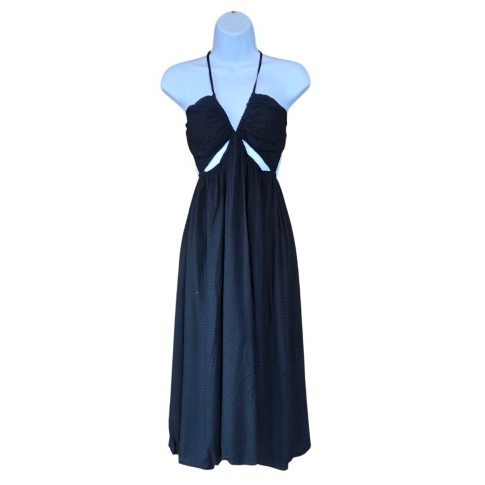 Fiestar Midi Cutout‎ Sun Dress Womens L Black Textured Halter Boho Beach Siren
